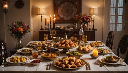 Luxurious Iftar Table with Hanging Lanterns and Cultural Decorations