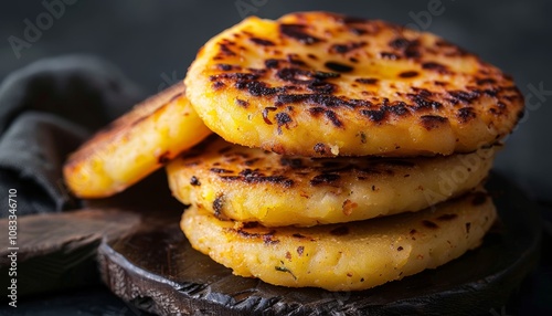 Four golden-brown potato pancakes stacked on a wooden cutting board. photo