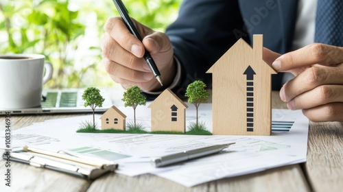 Financial analyst reviewing energy-efficient building standards modern office infographic green environment close-up sustainability