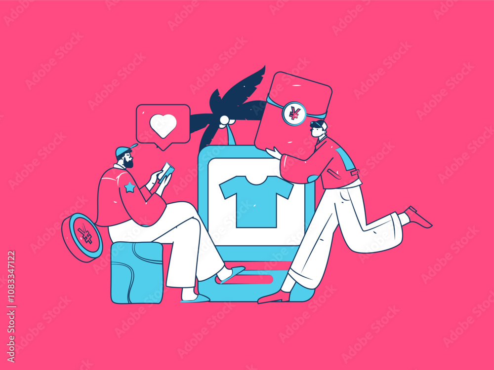 Obraz premium Holiday shopping people doing e-commerce online shopping flat vector concept operation hand drawn illustration 