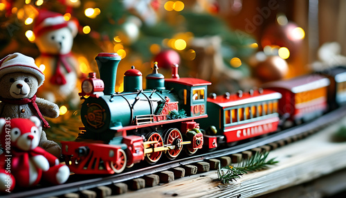 Colorful toy train with Christmas decorations and teddy bears nearby photo