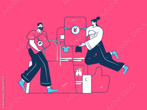 Holiday shopping people doing e-commerce online shopping flat vector concept operation hand drawn illustration
