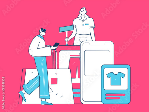 Holiday shopping people doing e-commerce online shopping flat vector concept operation hand drawn illustration
 photo