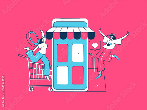 Holiday shopping people doing e-commerce online shopping flat vector concept operation hand drawn illustration
