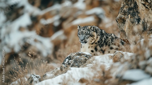 The elusive beauty of a snow leopard silently observing its prey in the Himalayan mountains, Wildlife scene, Naturalistic style photo