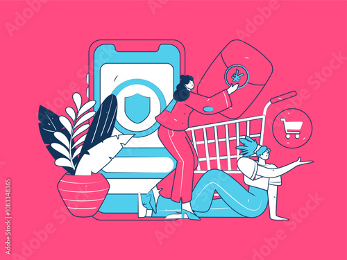 Holiday shopping people doing e-commerce online shopping flat vector concept operation hand drawn illustration
 photo