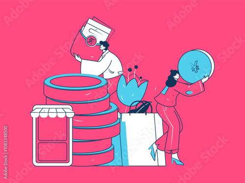 Holiday shopping people doing e-commerce online shopping flat vector concept operation hand drawn illustration
