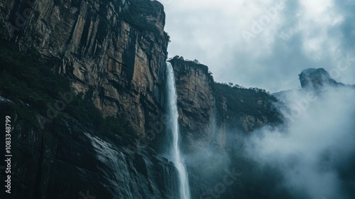 The ethereal beauty of the Angel Falls cascading down the cliffs of Auy谩n-tepui in Venezuela, Waterfall scene, Ethereal style