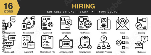 Hiring icon set. Editable Stroke Icon Collection. Includes Agreement, announcement, approved, business, candidate, and More. Outline icons vector collection.