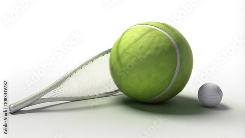 Tennis Racket, Ball, and Miniature Ball on White Background