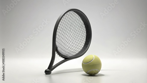 Black Tennis Racket with Yellow Ball on White Background photo