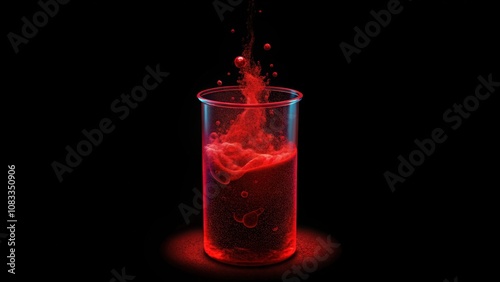 A glass beaker filled with red liquid and bubbles against a black background photo