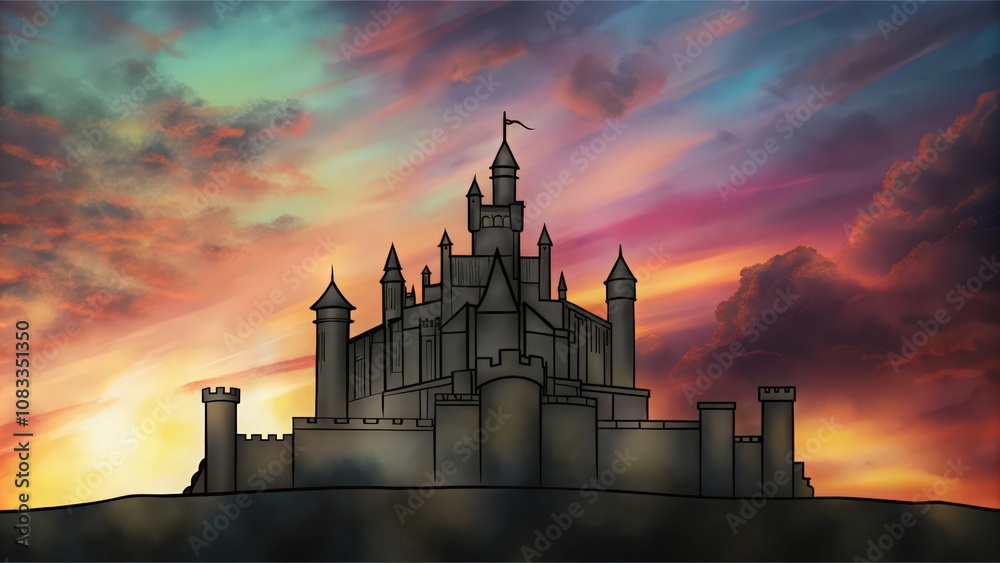 Naklejka premium A Silhouetted Castle Against a Colorful Sunset Sky