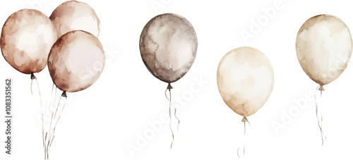 Simple, cute and cute watercolor balloons in gray and beige. In the form of sticker art on a white background.