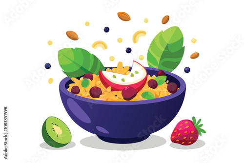 Floating Acai Bowl with Fruits and Granola on White Background for Superfood Ads.