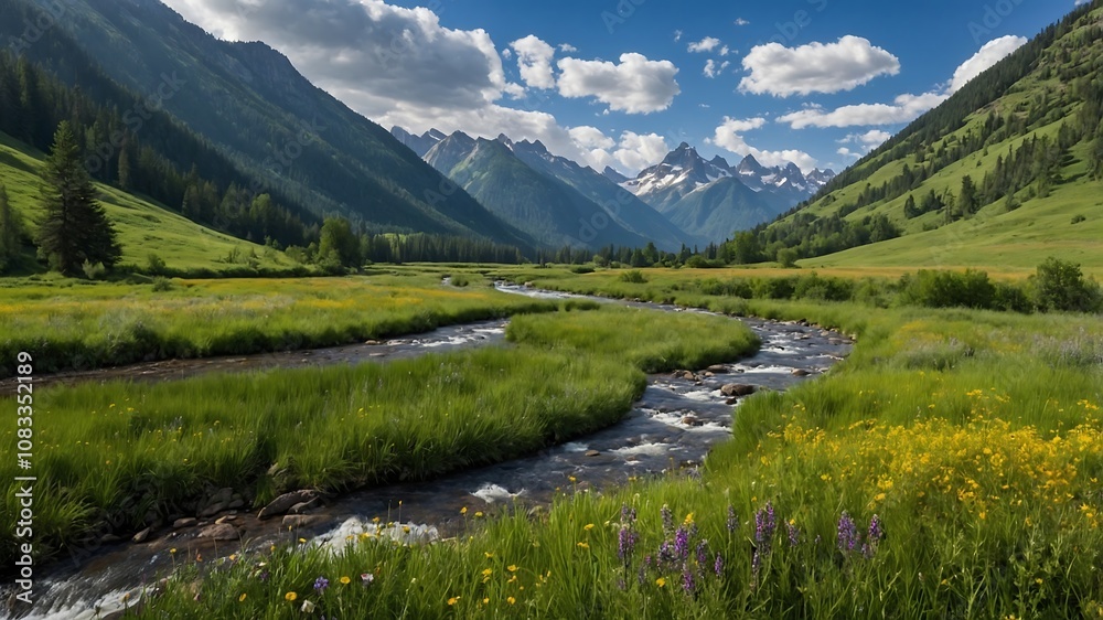 Fototapeta premium ValleyBackgrounds, ScenicValleyVisuals, MountainValleyDesigns, NatureLandscapeGraphics 