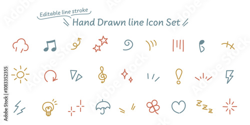 線の編集が可能なベクターデータ。漫画にも使える、手描きの感情のあしらいのカラフルなアイコンセット