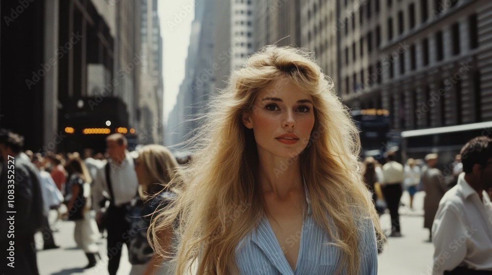 Fototapeta premium 1980s Wall Street Blonde Beauty in Motion
