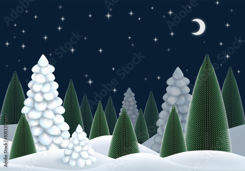 Winter moon snowy abstract landscape. Night pine fir tree forest with white land. Merry Xmas holiday cartoon scene. Snowflakes and stars twinkle in sky cold season. Hills in park freeze in noel eve