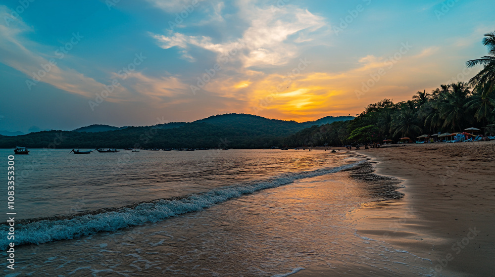 Obraz premium Beautiful sunset over the beach with gentle waves and boats near the shore in a tropical location