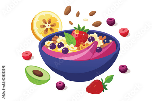 Floating Acai Bowl with Fruits and Granola on White Background for Superfood Ads.