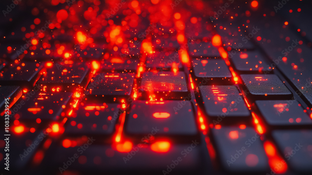 Obraz premium A close up of a keyboard with red keys. Concept of excitement and energy, as the red keys are lit up and appear to be glowing. Scene is dynamic and engaging