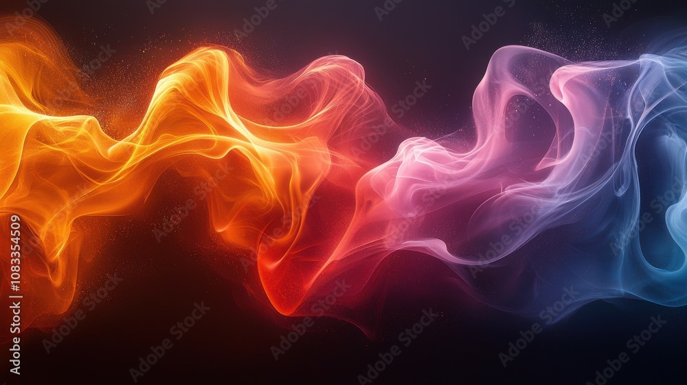 Fototapeta premium Swirling orange and blue smoke patterns dance against a dark backdrop, creating a mesmerizing modern art display