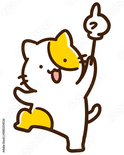 お茶目なポーズで右上を指差すかわいいねこのキャラクターのデフォルメイラスト