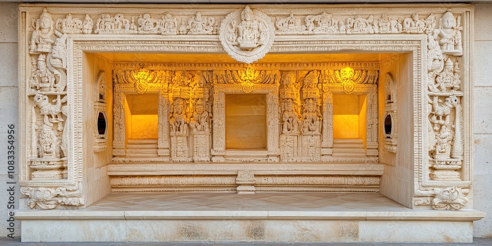 Obraz premium Intricate stone architecture featuring detailed carvings and illuminated niches.