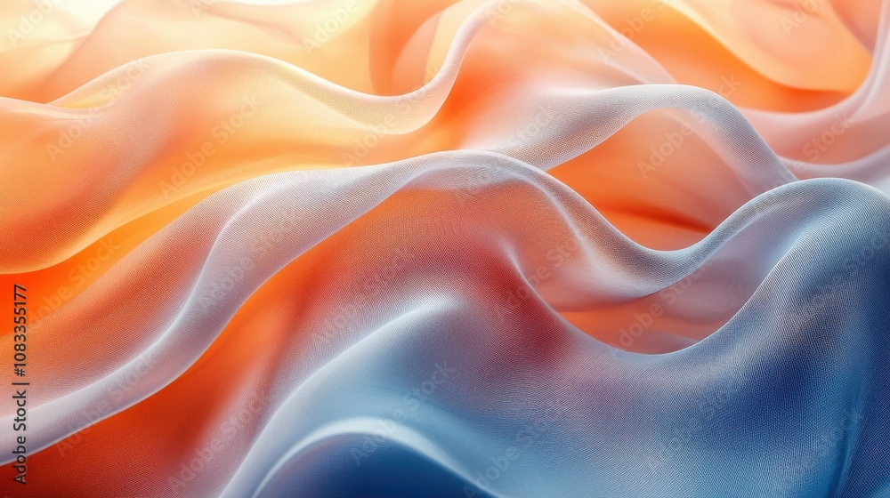 Fototapeta premium Flowing waves of soft fabric in warm orange and cool blue colors create a serene and soothing visual experience in a bright setting
