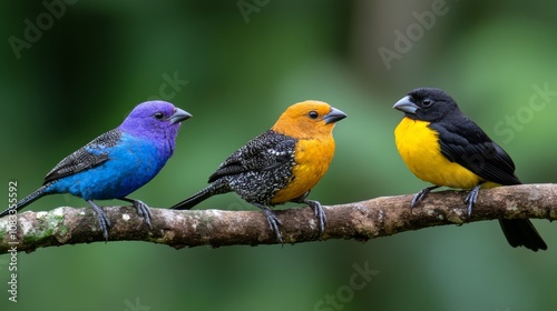 Speckled tanagers (Ixothraupis guttata) are social birds which eat mainly fruit and some insects They are often seen with bay-headed tanagers and honeycreepers photo