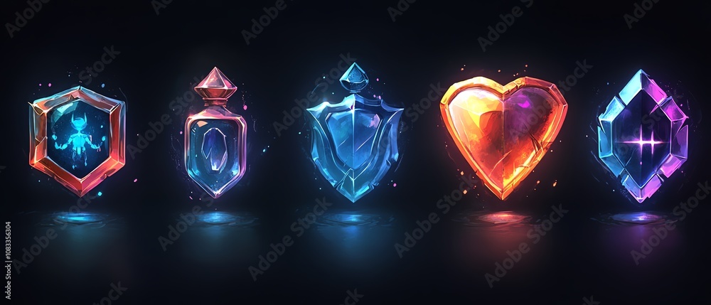Threedimensional icons for a game interface, showcasing health ...