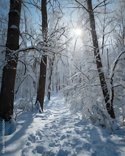 A snowy forest, silent and serene, with light casting blue shadows. Levitan-inspired, it captures cold beauty and peace.