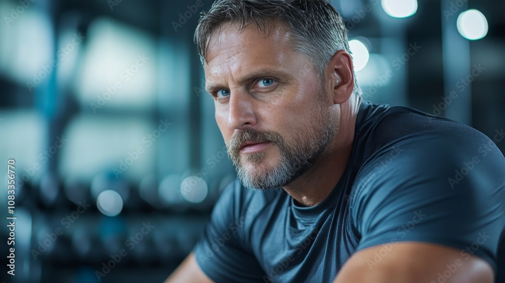 Obraz premium Intense Focus of a Mature Male Athlete in a Gym Environment with Equipment in the Background Capturing Strength and Determination during a Workout Session