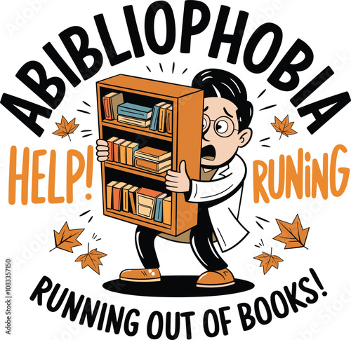 A humorous and relatable graphic depicting a worried book lover experiencing "Abibliophobia"