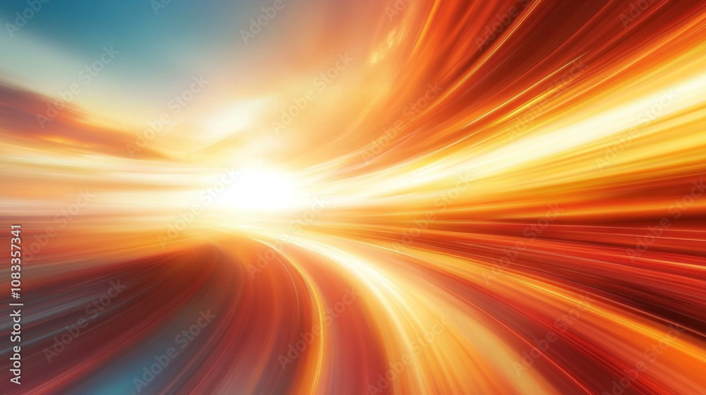 Obraz premium Bright sunset rays illuminating a colorful sky over a serene landscape with blurred lines of light
