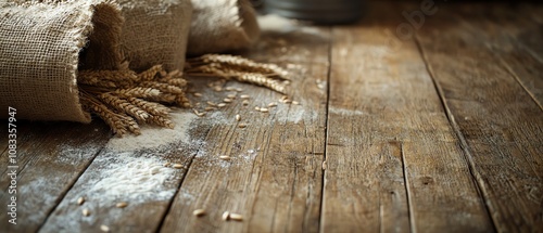 Wheat ears, organic whole grain flour, and wheat seeds in sacks placed on an aged wooden floor, highlighting a rustic, farmfresh atmosphere photo