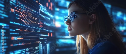 Woman in glasses working on data analytics, coding on a holographic screen, immersed in a hightech environment with computer scripts and algorithms photo
