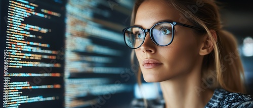 Woman in glasses working on data analytics, coding on a holographic screen, immersed in a hightech environment with computer scripts and algorithms photo