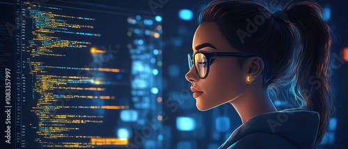 Woman in glasses working on data analytics, coding on a holographic screen, immersed in a hightech environment with computer scripts and algorithms photo