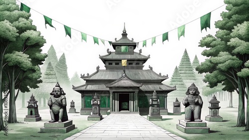 Pagoda Temple with Green Flags and Stone Statues in a Foggy Forest photo