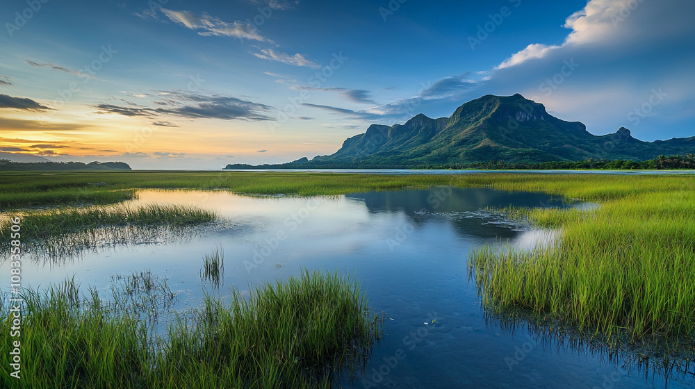Fototapeta premium Beautiful sunset over tranquil wetlands with mountains in the background at dusk
