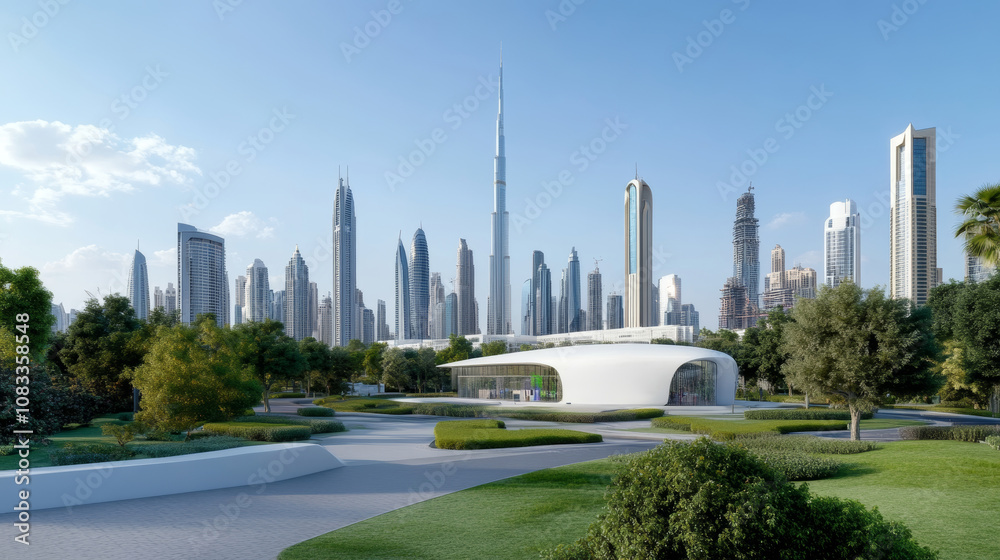 Fototapeta premium Futuristic cityscape of Dubai with Museum of the Future (arabic text meaning The future belongs to those who can imagine it design it and execute it