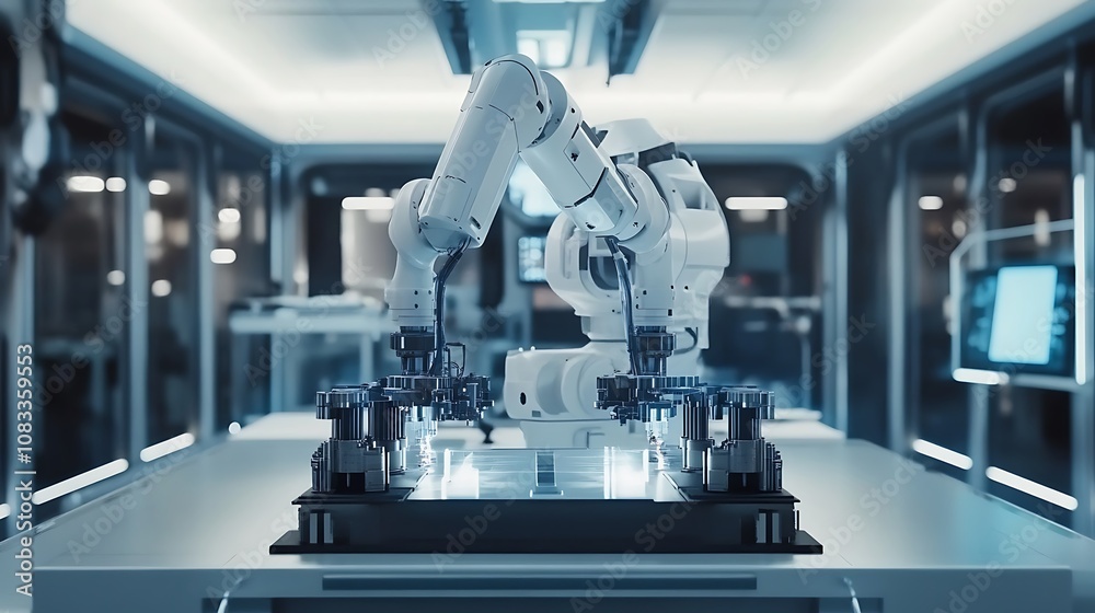 Fototapeta premium A robotic arm working on an assembly line in a modern industrial setting.