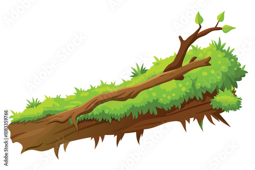 Fresh Green Moss on Rotten Branch with Dirt, Side View, Isolated on White Background.