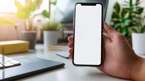Cell phone blank white screen mockuphand holding texting using mobile on desk at officebackground empty space for advertisework people contact marketing businesstechnology photo