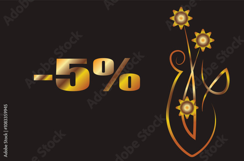 5% Fantasy bouquet with flowers in a vase. flowers. Illustration with place for inscription. Gold gradient on a black background for printing on fabric, applique and cards.