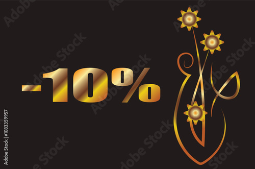 10% Fantasy bouquet with flowers in a vase. flowers. Illustration with place for inscription. Gold gradient on a black background for printing on fabric, applique and cards.