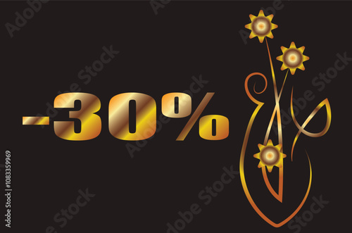 30% Fantasy bouquet with flowers in a vase. flowers. Illustration with place for inscription. Gold gradient on a black background for printing on fabric, applique and cards.