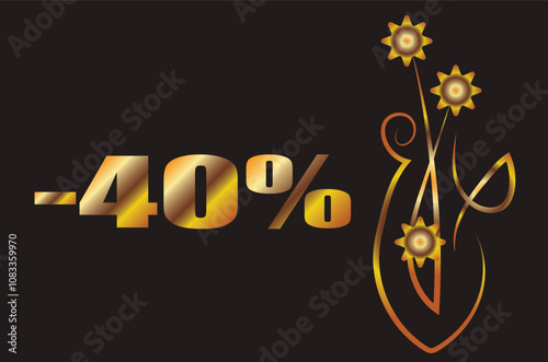 40% Fantasy bouquet with flowers in a vase. flowers. Illustration with place for inscription. Gold gradient on a black background for printing on fabric, applique and cards.